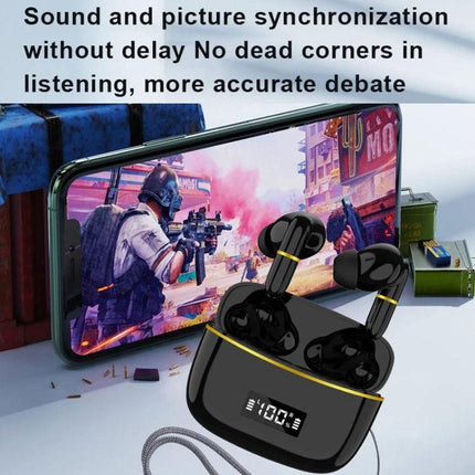 J2 Wireless In Ear Earphones With Charging Case For Commuting sleek black earbuds and charging case with digital display and phone