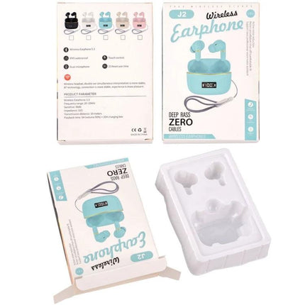 J2 Wireless In Ear Earphones With Charging Case For Commuting unboxed pastel blue earbuds and charging case display