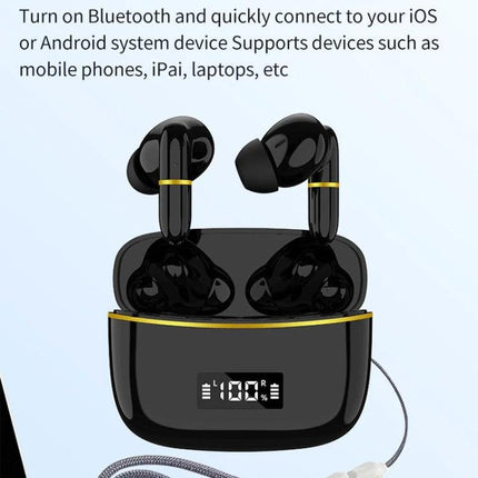 J2 Wireless In Ear Earphones With Charging Case For Commuting sleek black earbuds in open charging case with digital battery display