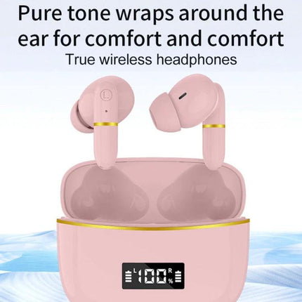 J2 Wireless In Ear Earphones With Charging Case For Commuting in pink, compact Bluetooth 5.3 earbuds with digital charging case
