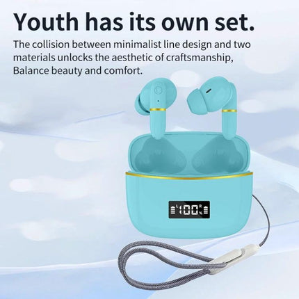 J2 Wireless In Ear Earphones With Charging Case For Commuting in teal with digital display and lanyard, ideal for commuting