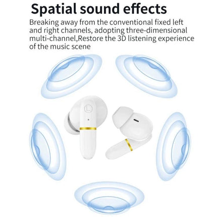 J2 Wireless In Ear Earphones With Charging Case For Commuting showcasing spatial sound effects and wireless earbuds in white