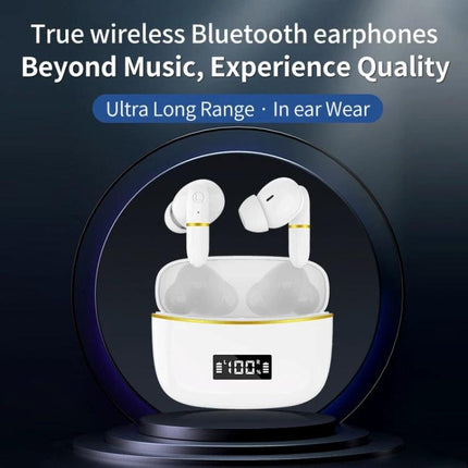 J2 Wireless In Ear Earphones With Charging Case For Commuting compact white earbuds with digital display case