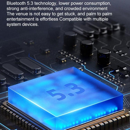J2 Wireless In Ear Earphones With Charging Case For Commuting showing Bluetooth 5.3 chipset graphic and circuit board close-up