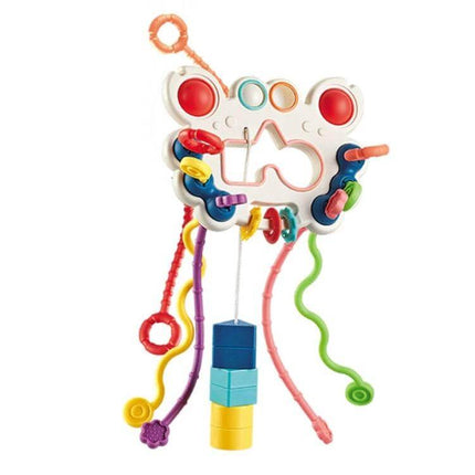 Baby Puzzle Fun Rope Toys For Babies With Soft Cartoon Shapes hanging multi‑colored teething and pull toy with rings, beads and soft plastic shapes for grip development