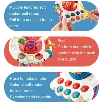 Baby Puzzle Fun Rope Toys For Babies With Soft Cartoon Shapes showing textured pull ropes, push buttons and colorful soft rubber balls for hand dexterity