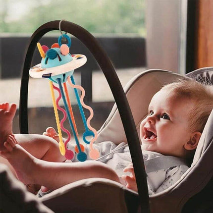 Baby Puzzle Fun Rope Toys For Babies With Soft Cartoon Shapes hanging stroller toy with soft colorful rope strands and smiling baby playing