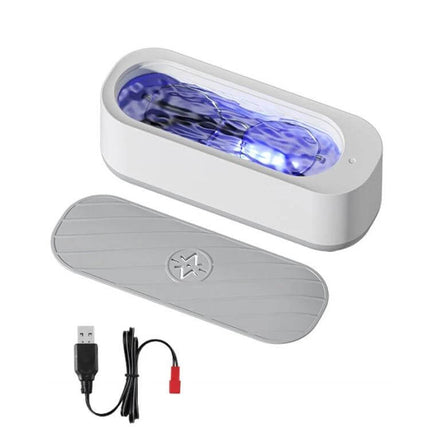 Ultrasonic Cleaner for Jewelry and Glasses, Rechargeable compact white unit with lid and USB cable cleaning jewelry and glasses