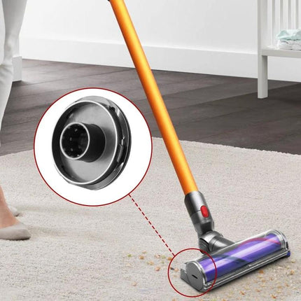 Dyson Compatible Brushroll End Cap for Vacuum Maintenance shown as replacement part installed on V7-V15 direct drive soft velvet suction head