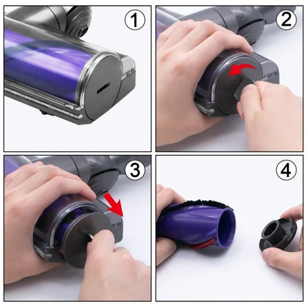 Dyson Compatible Brushroll End Cap for Vacuum Maintenance shown being removed and replaced on a direct drive blue tube soft velvet suction head (step-by-step)