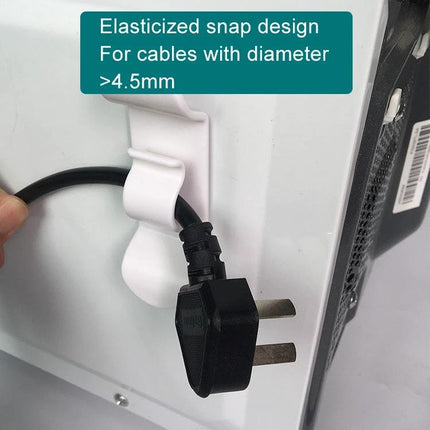 Kitchen Cord Organizer for Daily Appliance Storage - white ABS snap holder securing thick appliance plug on countertop back to prevent tangles