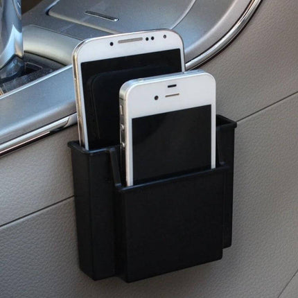 LIWEN Mobile Phone Card Seat Stand With Adhesive Mount shown glued to car door holding two smartphones securely
