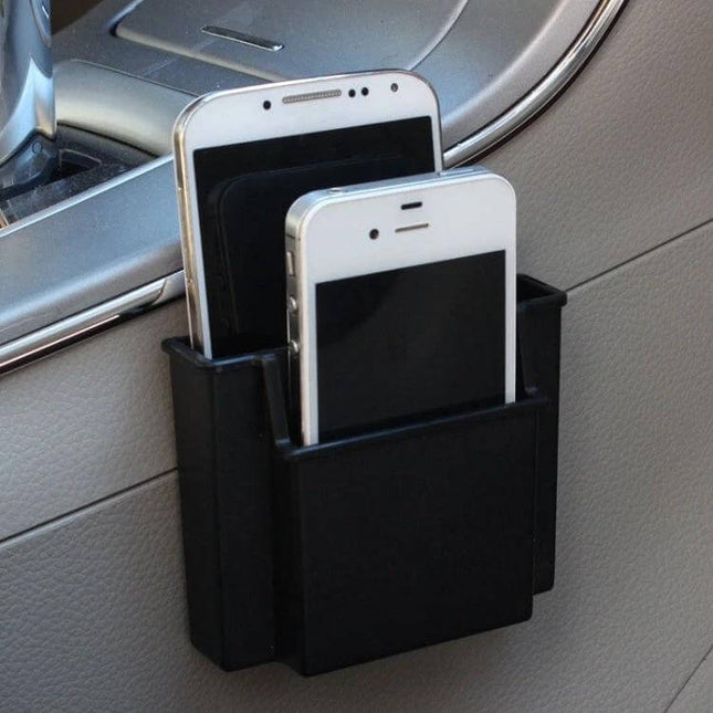 LIWEN Mobile Phone Card Seat Stand With Adhesive Mount shown glued to car door holding two smartphones securely