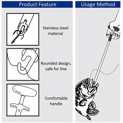 Blue T Shaped Fish Hook Remover Aluminum Alloy For Sea Fishing - diagram showing stainless steel hook, rounded safe design, comfortable T-handle and usage removing fish on boat or shore