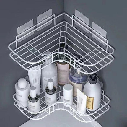 Organize Bathroom Essentials with a Wall-Mounted Triangle Rack holding toiletries and bottles in a compact corner storage solution
