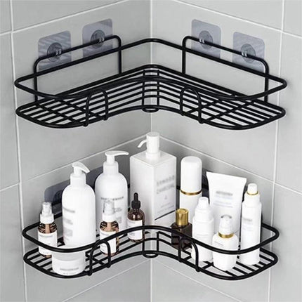 Organize Bathroom Essentials with a Wall-Mounted Triangle Rack holding toiletries in a corner to free counter space