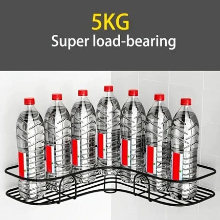 Organize Bathroom Essentials with a Wall-Mounted Triangle Rack - black corner rack holding seven 1.5L bottles to show 5KG load-bearing