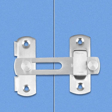 Barn Door Lock Hook Stainless Steel For Everyday Home Use flat brushed stainless steel latch on blue sliding door, low-profile left-right mounting