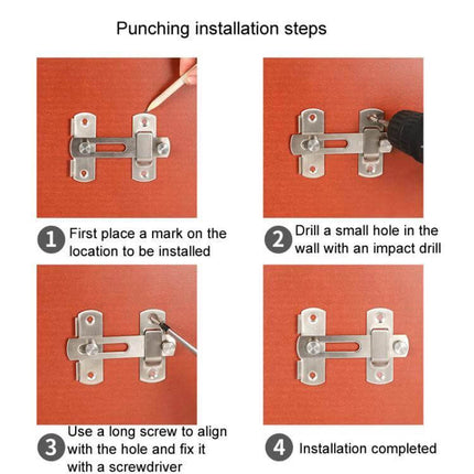 Barn Door Lock Hook Stainless Steel For Everyday Home Use shown installed with punch drill and screwdriver steps on red door