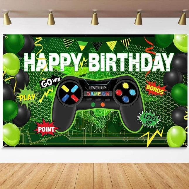 180x110cm Game Console Themed Birthday Party Banner featuring large game controller, green balloons and ‘Happy Birthday’ photography backdrop