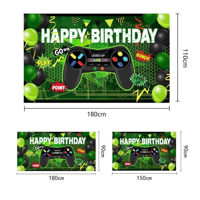 180x110cm Game Console Themed Birthday Party Banner featuring black game controller, green balloons and 'Happy Birthday' photo backdrop