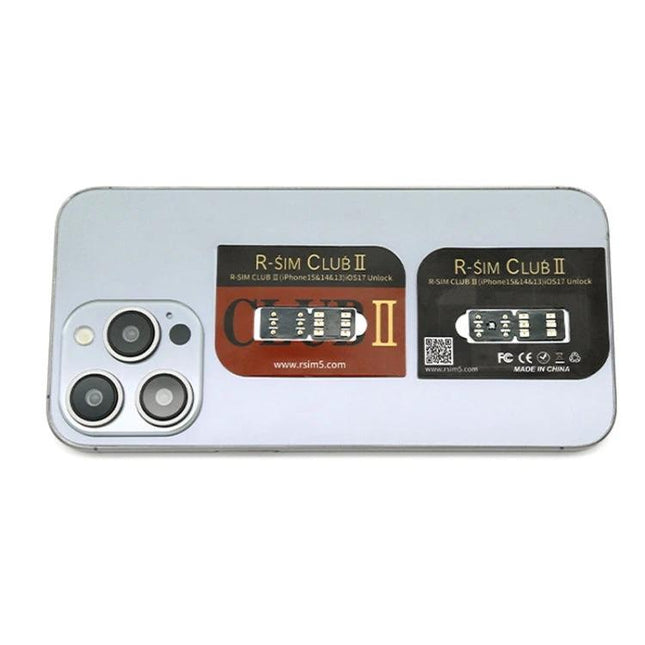 R-SIM CLUB 2 Unlock Card for iPhone Travel and Carrier Switching shown on back of iPhone with two R-SIM CLUB II cards visible