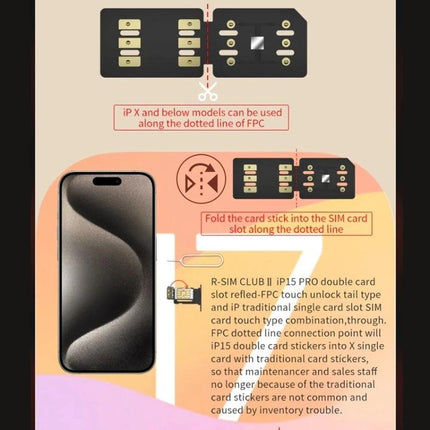 R-SIM CLUB 2 Unlock Card for iPhone Travel and Carrier Switching showing cut-to-fit double SIM unlock card and iPhone illustration