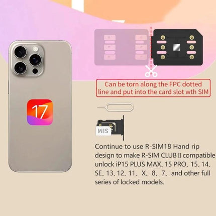 R-SIM CLUB 2 Unlock Card for iPhone Travel and Carrier Switching - image showing iPhone, SIM cutter, and R-SIM card with ICCID editing instructions