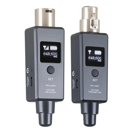 Essential Microphone for Everyday Gatherings and Events wireless UHF transmitter and receiver with LED screen showing 648.600 MHz