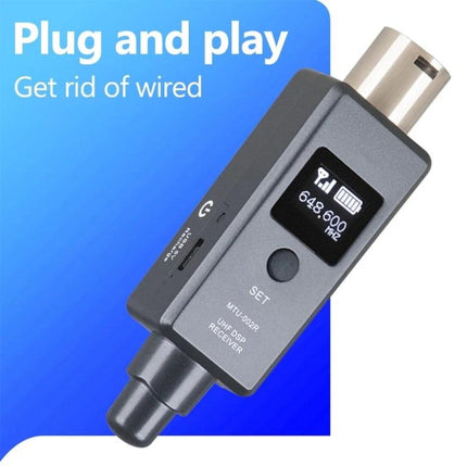Essential Microphone for Everyday Gatherings and Events wireless plug-and-play receiver with LED screen showing 648.600 kHz