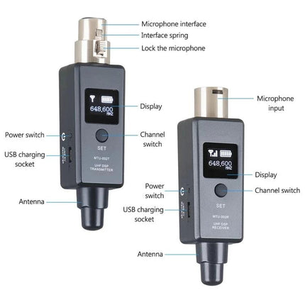 Essential Microphone for Everyday Gatherings and Events wireless mic transmitter and receiver with LED display, USB charging, antenna and channel switch