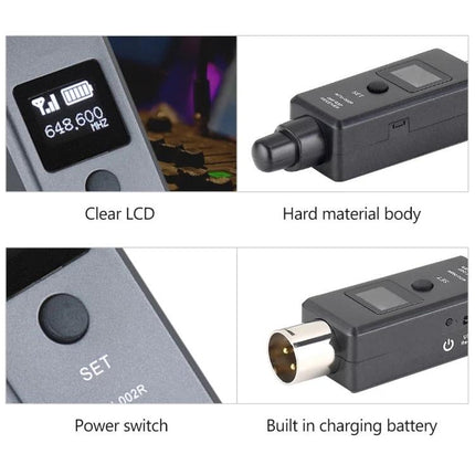 Essential Microphone for Everyday Gatherings and Events wireless system showing clear LCD, power switch, hard material body and built-in charging battery