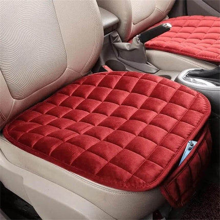 Car Winter Backless Plush Non-Slip Seat Cushion Beige shown on car seat with anti-slip rubber bottom, velvet surface and storage bag