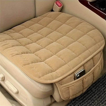 Car Winter Backless Plush Non-Slip Seat Cushion Beige on beige car seat with anti-slip rubber base and storage pocket, 52x49 cm winter comfort