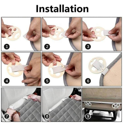 Car Winter Backless Plush Non-Slip Seat Cushion Beige showing step-by-step installation with anti-slip disk and strap securing cushion to car seat
