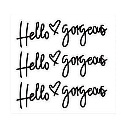 Hello Gorgeous Inverted Rear Mirror Glass Car Sticker - black handwritten script PVC decal showing three inverted "Hello ♥ gorgeous" designs for rearview mirrors
