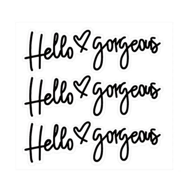 Hello Gorgeous Inverted Rear Mirror Glass Car Sticker - black handwritten script PVC decal showing three inverted "Hello ♥ gorgeous" designs for rearview mirrors