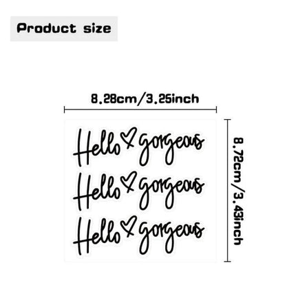Hello Gorgeous Inverted Rear Mirror Glass Car Sticker PVC decal sheet showing three inverted "Hello ♥ gorgeous" designs with dimensions 8.28cm x 8.72cm