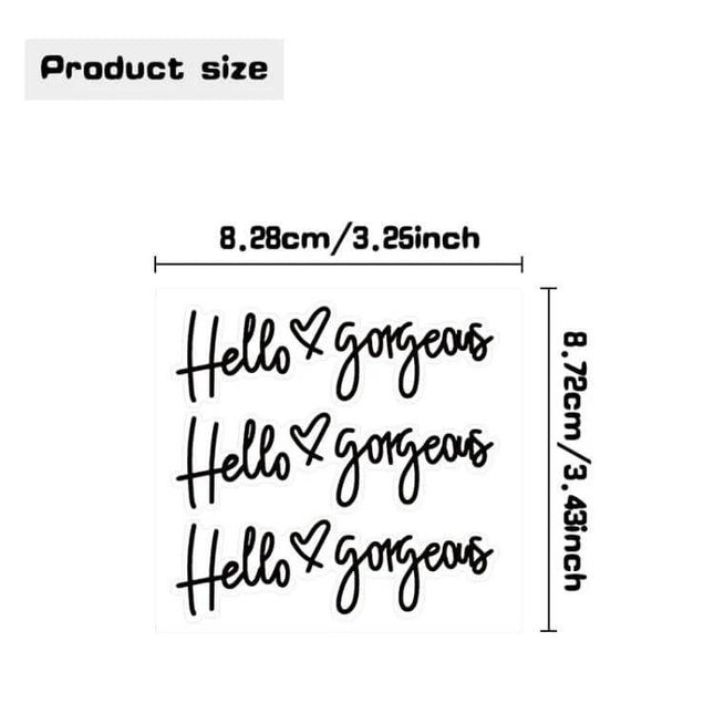 Hello Gorgeous Inverted Rear Mirror Glass Car Sticker PVC decal sheet showing three inverted "Hello ♥ gorgeous" designs with dimensions 8.28cm x 8.72cm