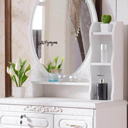Hello Gorgeous Inverted Rear Mirror Glass Car Sticker on white vanity mirror for subtle car or home decor