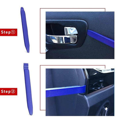 Practical 5-Piece Kit for Car Audio Panel Removal and Vehicle Trimming Tools showing blue pry tools removing door trim without damage