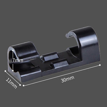 Set of 20 Adhesive Cable Clips for Home Wire Organization — black 30mm x 11mm clip holding 7mm cable, tidy desk and TV cord management