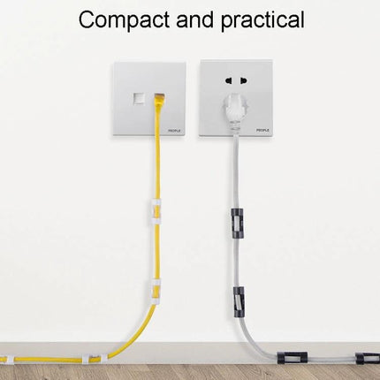 Set of 20 Adhesive Cable Clips for Home Wire Organization showing white and black clips securing yellow and gray cords along wall and outlets