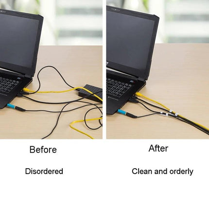 Set of 20 Adhesive Cable Clips for Home Wire Organization shown in before-and-after laptop desk cable tidy