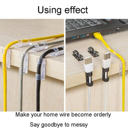 Set of 20 Adhesive Cable Clips for Home Wire Organization neatly holding multiple cords along a desk edge to prevent tangles and clutter
