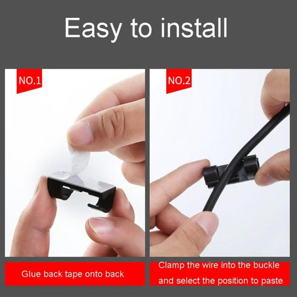 Set of 20 Adhesive Cable Clips for Home Wire Organization showing hands peeling adhesive backing and clamping a cable for easy installation