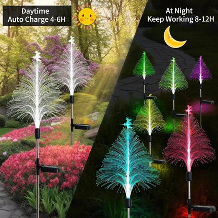 Christmas Tree Solar Light Star Moon Lamp For Outdoor Decor colorful fiber optic trees showing daytime charging and multicolor night glow