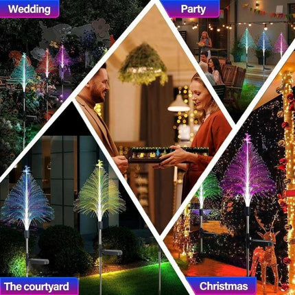 Christmas Tree Solar Light Star Moon Lamp For Outdoor Decor glowing multicolor tree lights along walkway and patio