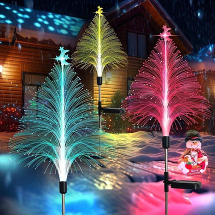 Christmas Tree Solar Light Star Moon Lamp For Outdoor Decor glowing multicolor fiber optic outdoor display in snowy yard