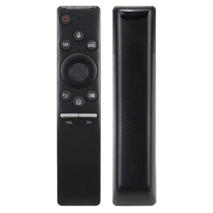 Replacement Voice Remote for Samsung 4K Smart Televisions - black ABS replacement remote with silicone buttons, voice and app controls, front and back view